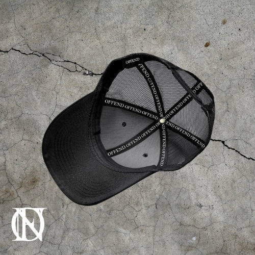 Black trucker cap with the OFFEND logo
