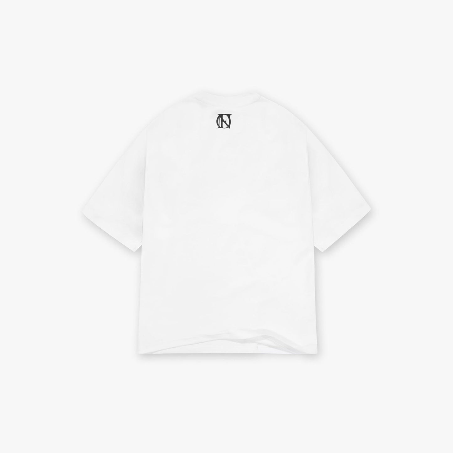 OG White 'OFFEND' t-shirt with a small black 'OFFEND' logo on the nape of the neck against a white background