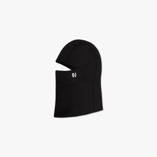 Flat shot of black 'OFFEND' balaclava on a white background