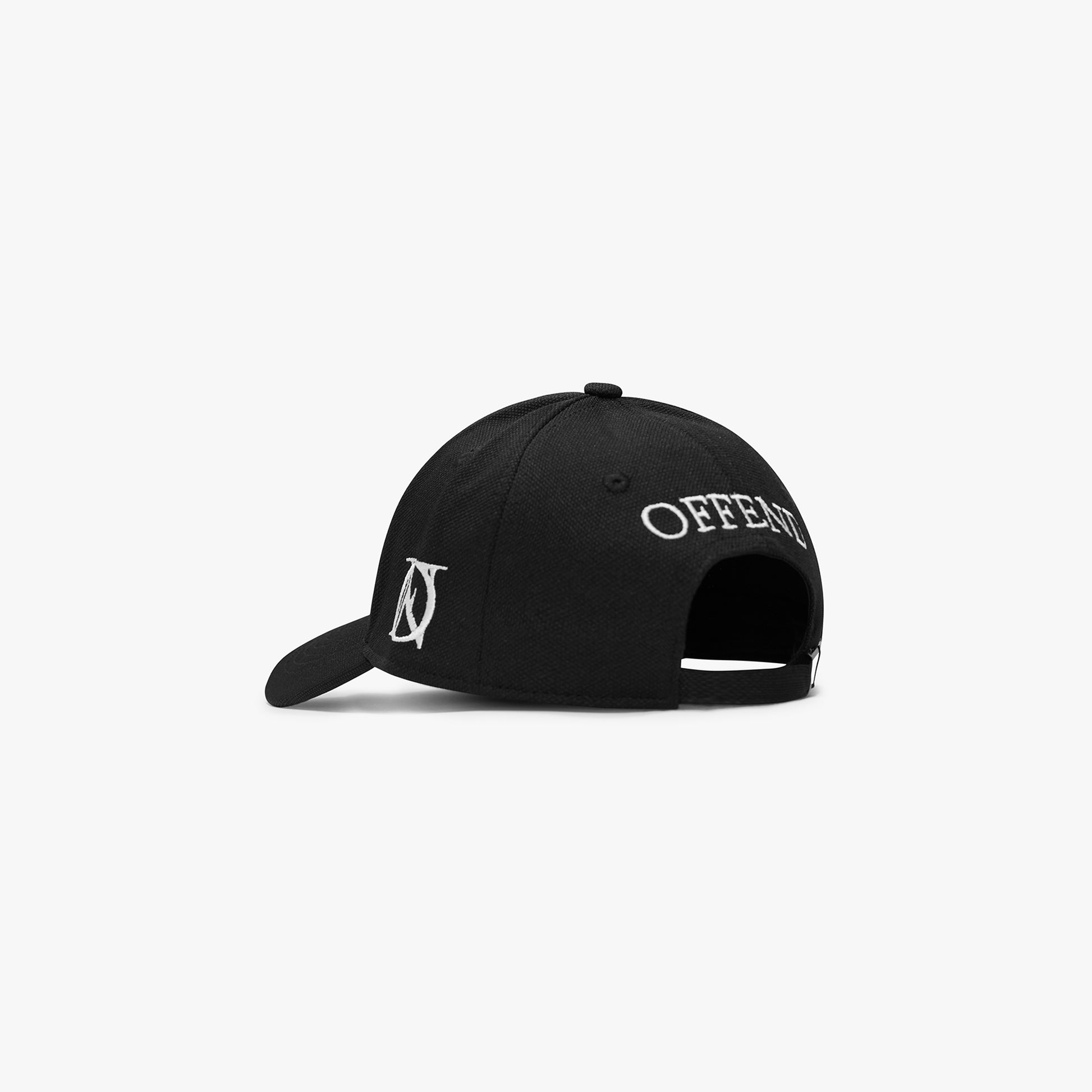 OG 'OFFEND' black baseball cap, with white 'OFFEND' logo on the left hand side and 'OFFEND' text across the back on a white background