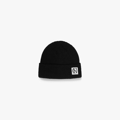 Black OG 'OFFEND' beanie with a black 'OFFEND' logo on a white background, beanie is on a white background