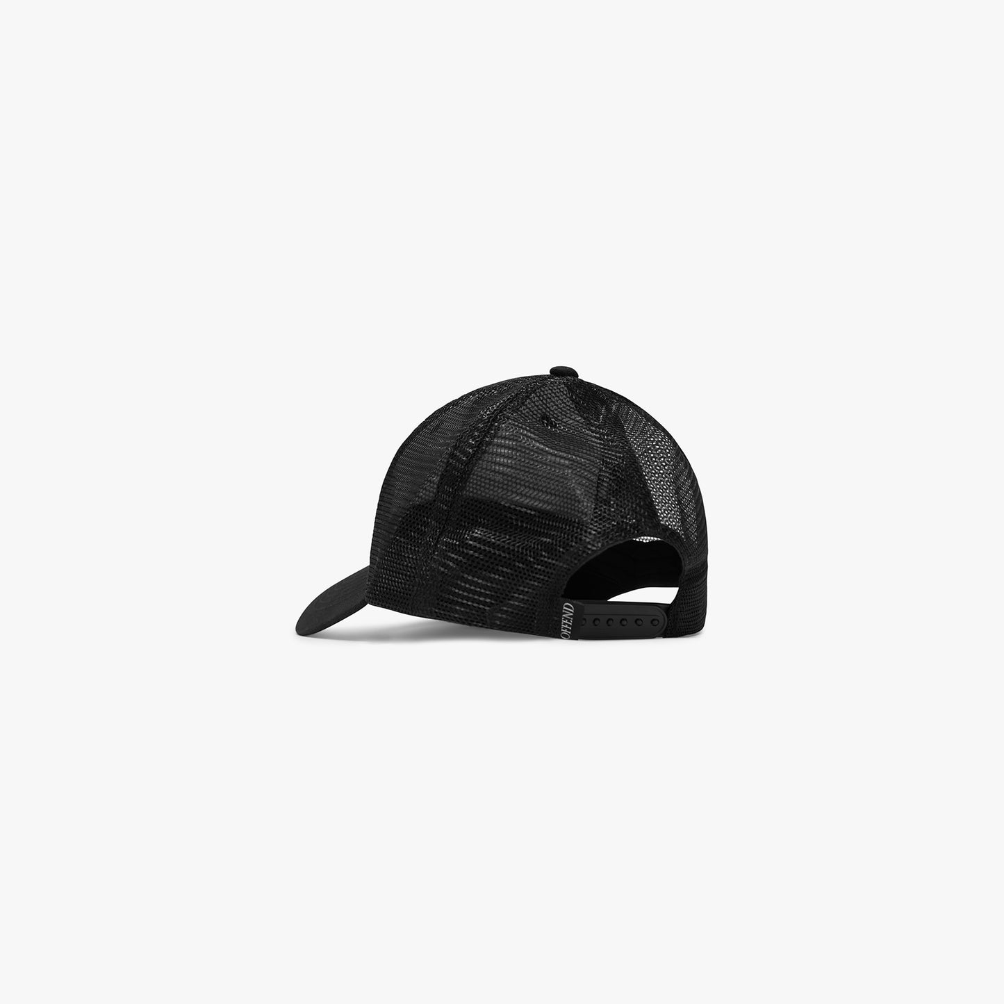 Back view of the 'OFFEND' mesh trucker cap 'OFFEND' tag on the bag near the adjustable strap