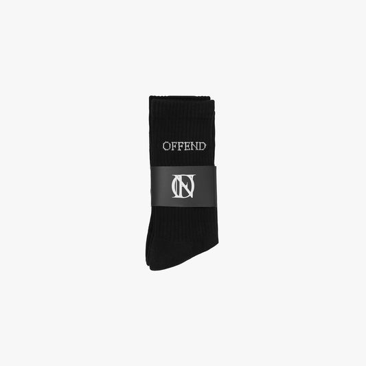 Black sock with 'OFFEND' text and logo on a white background