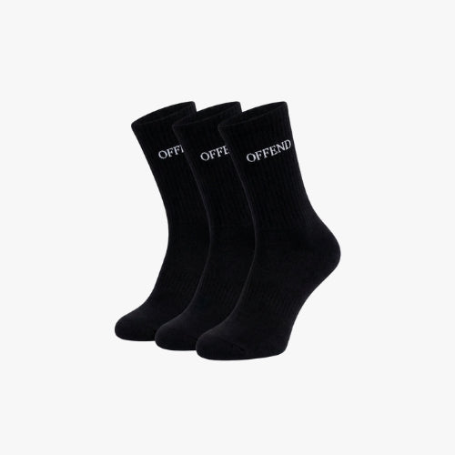 Three black socks with 'OFFEND' branding on a white background