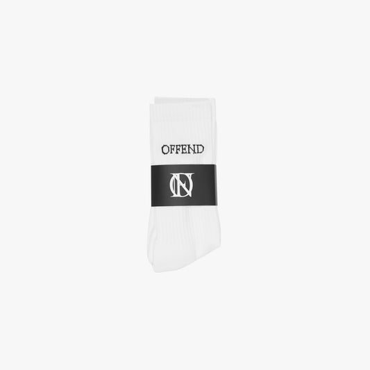 White socks with a black band featuring 'OFFEND' text on a white background