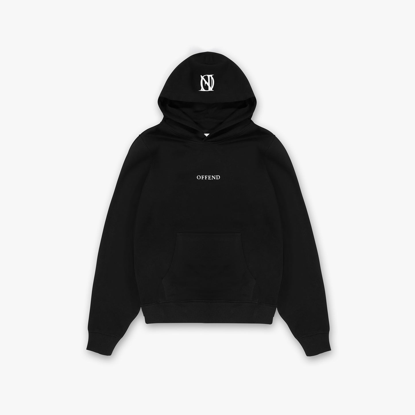 Black hoodie with white 'OFFEND' text across the chest and a white 'OFFEND' logo on the hood on a white background