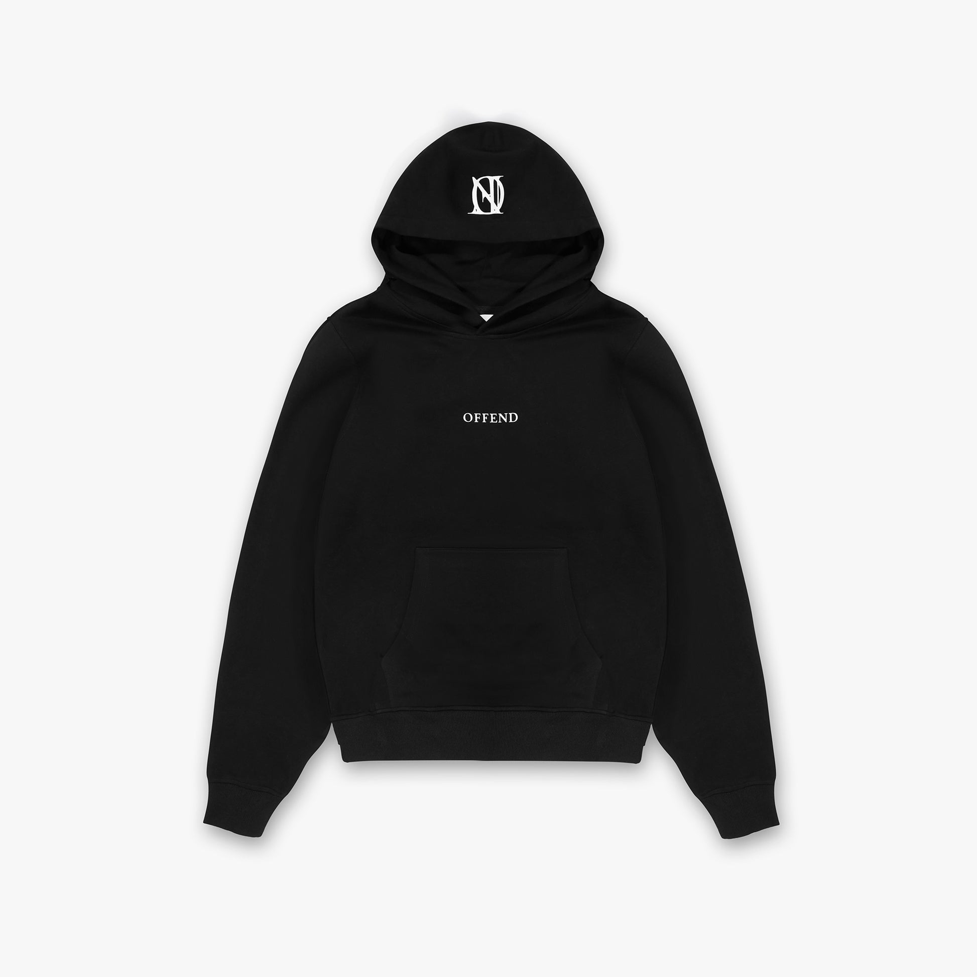 Black hoodie with white 'OFFEND' text across the chest and a white 'OFFEND' logo on the hood on a white background