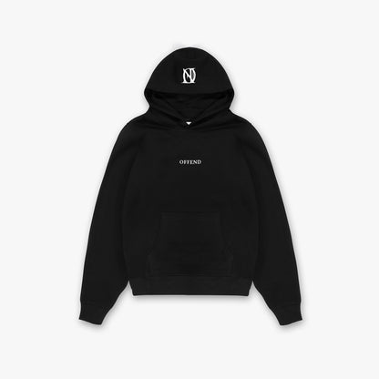 Black hoodie with white 'OFFEND' text across the chest and a white 'OFFEND' logo on the hood on a white background