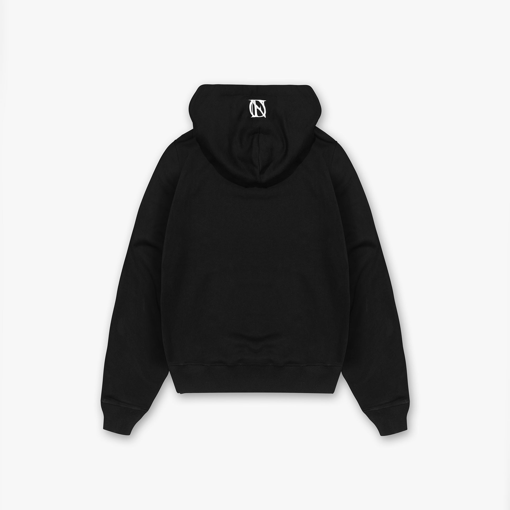 Black hoodie with white 'OFFEND' logo on the hood on a white background
