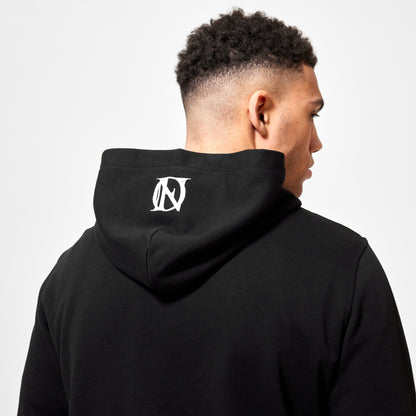 Close up of model wearing black 'OFFEND' hoodie with'OFFEND' logo on centre of hood