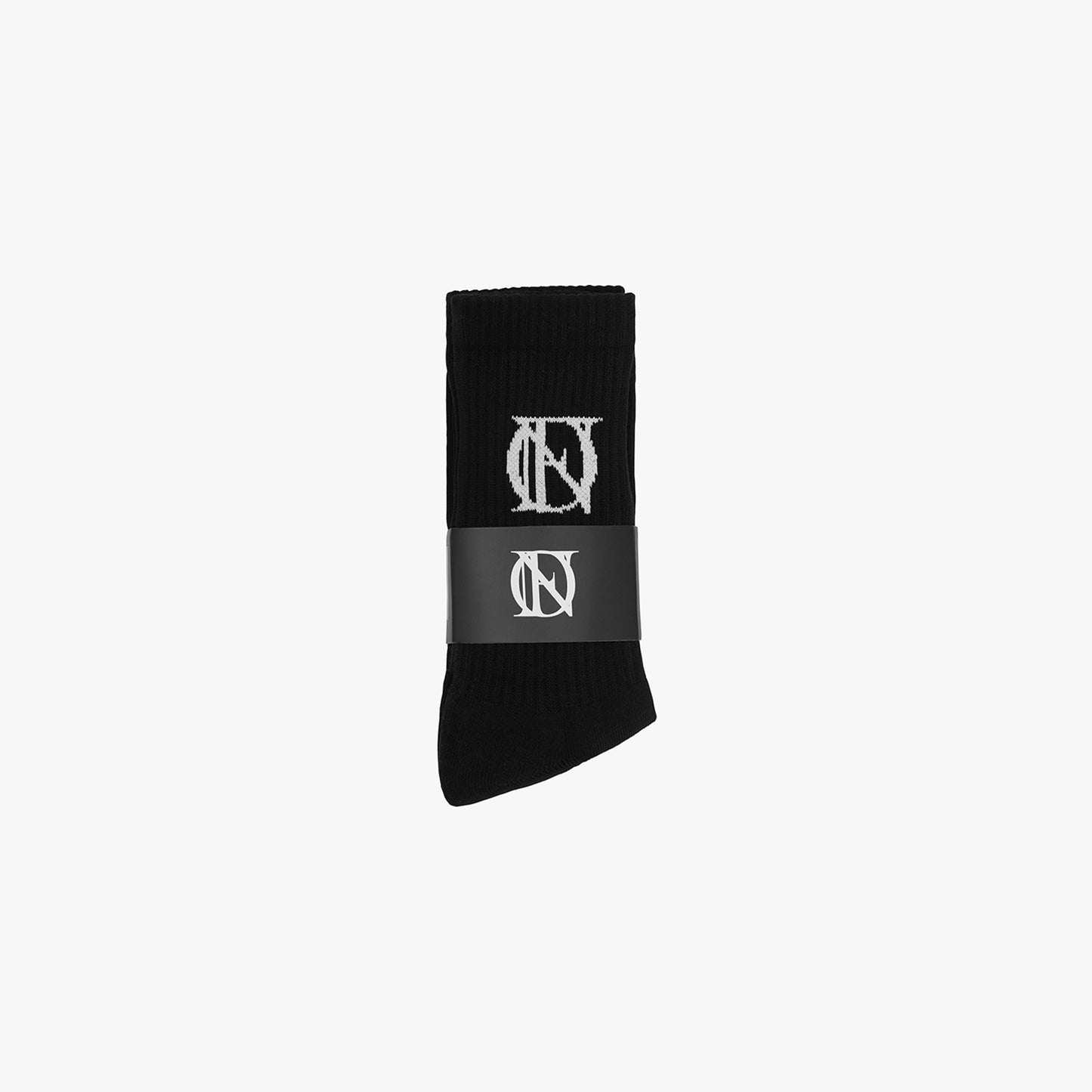 Black sock with white 'OFFEND' logo on a white background