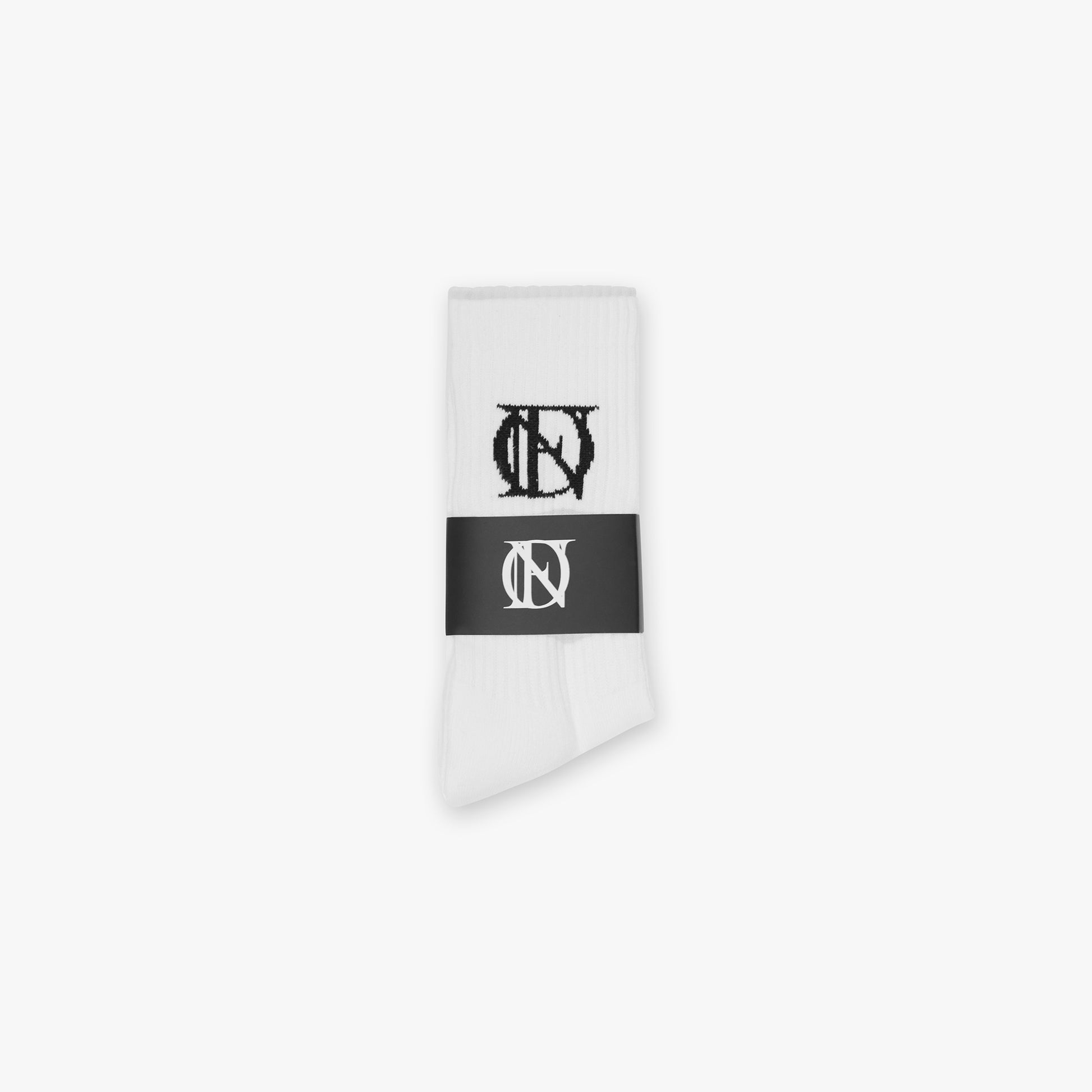 White sock with black 'OFFEND' logo on a white background