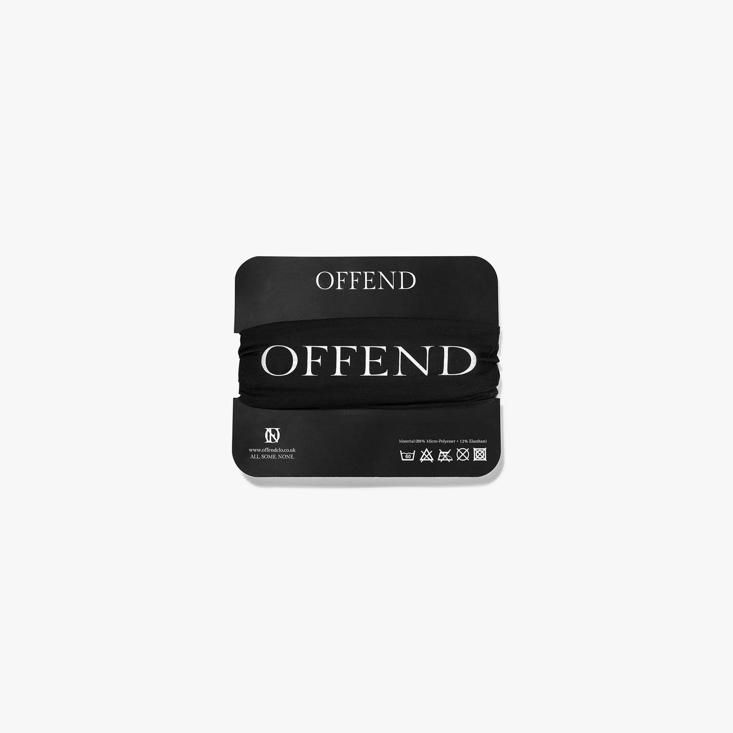 Black snood with 'OFFEND' branding packaging on a white background