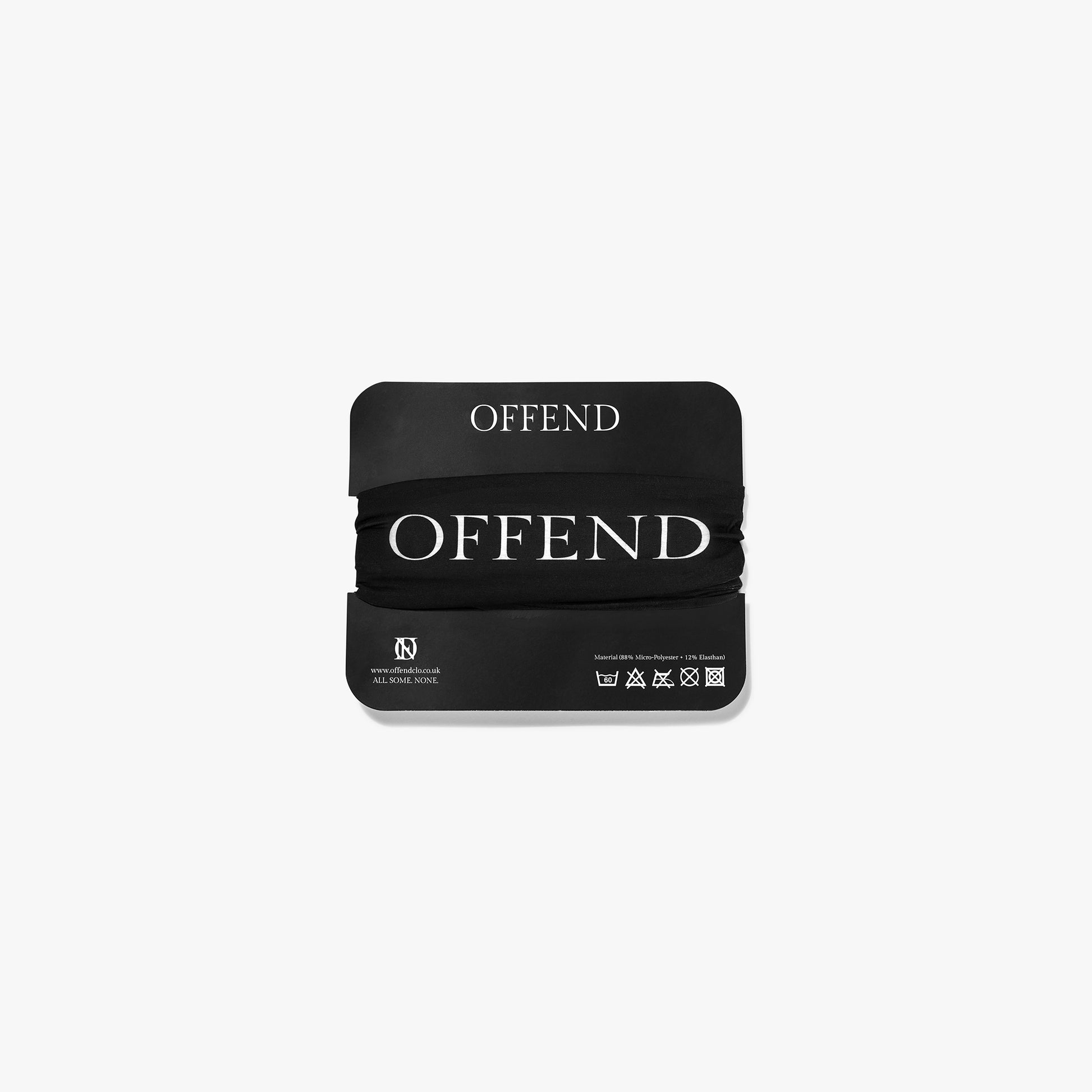 Black snood with 'OFFEND' branding packaging on a white background
