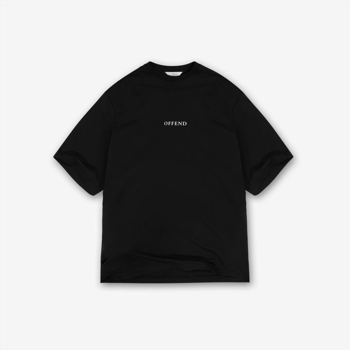 Black t-shirt with white 'OFFEND' text in the centre of the chest on a white background