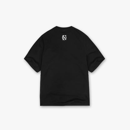 OG 'OFFEND' Black t-shirt with a small white 'OFFEND' logo on the nape of the neck against a white background