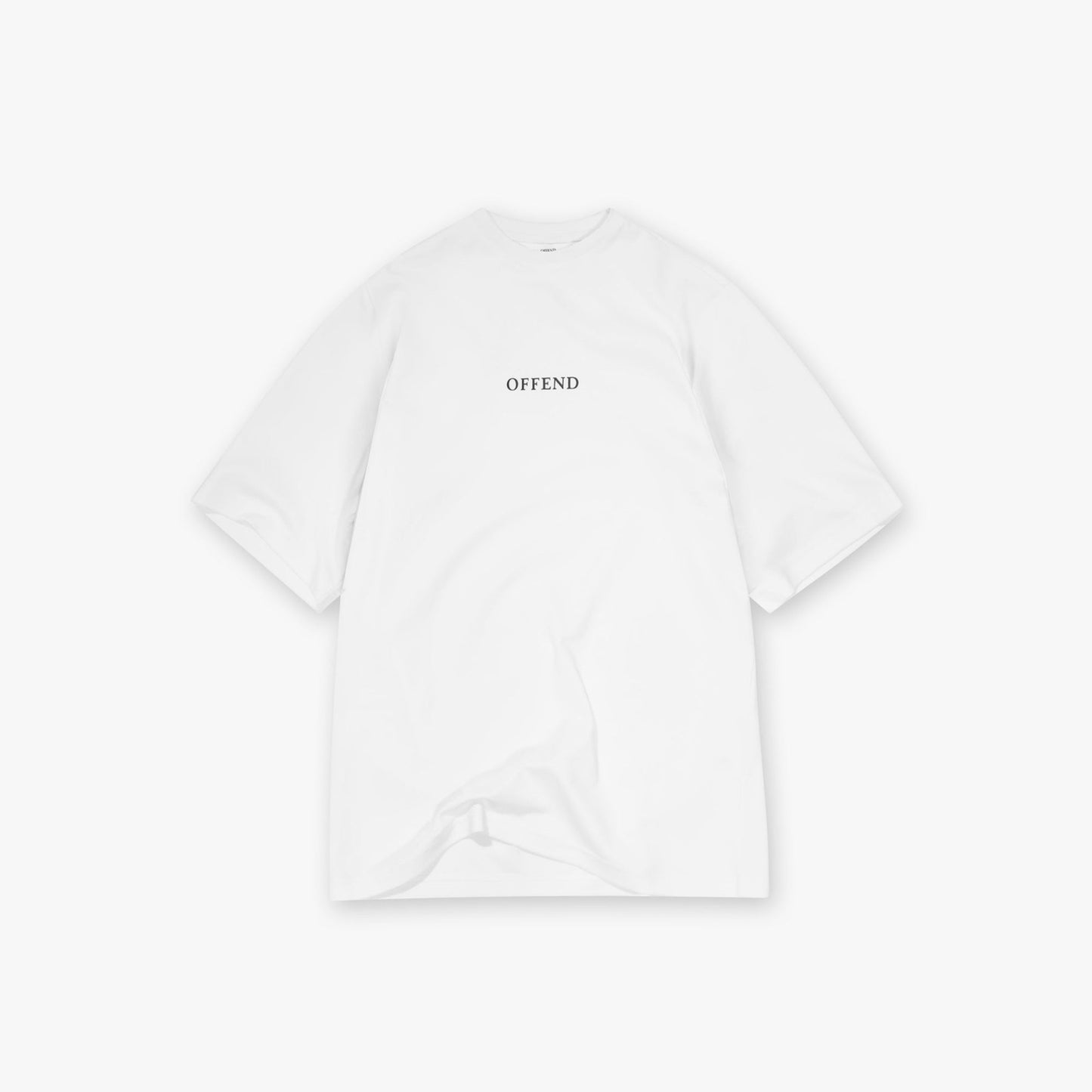 White t-shirt with black 'OFFEND' text in the centre of the chest on a white background