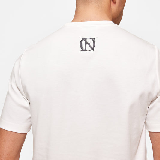 Close up shot of the 'OFFEND' logo across the nape of the neck