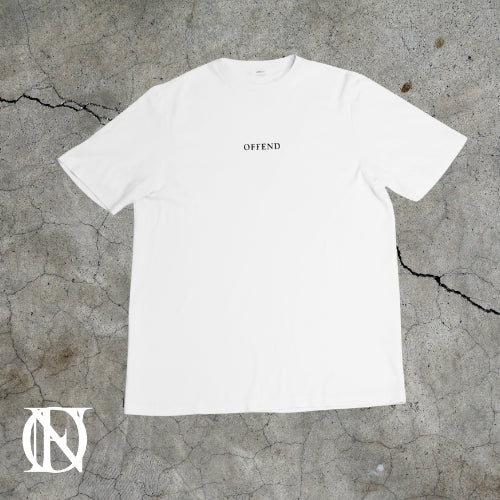 White t-shirt with OFFEND text and OFFEND logo