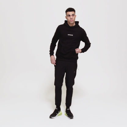 Model wearing 0G 'OFFEND' black hoodie moving around showcasing the front and back of the hoodie as well as close up shots on a white background